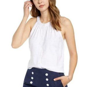 1901 Womens White Sleeveless Button Front Linen Blend Halter Blouse Size S